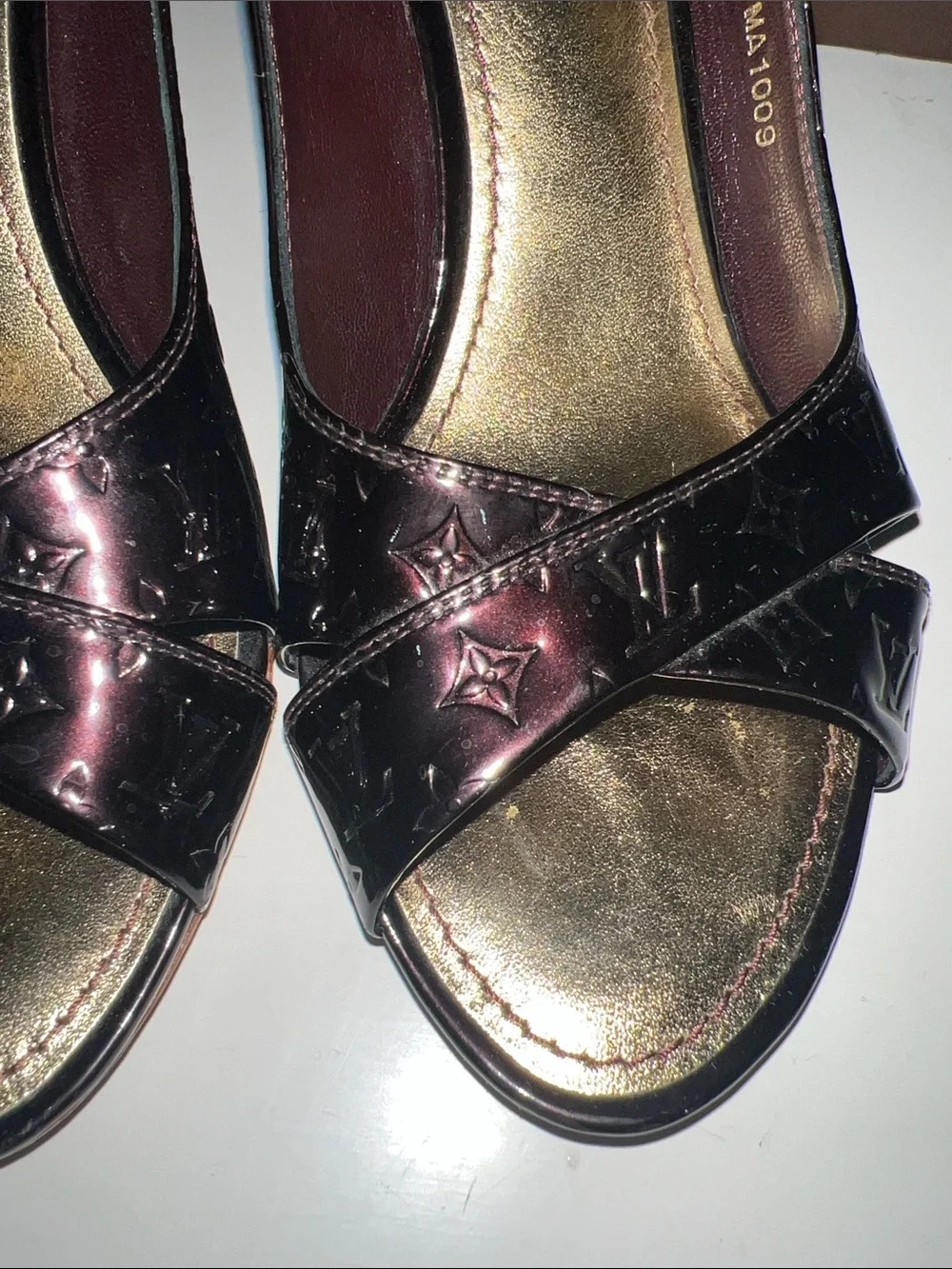 Louis Vuitton Vernis Monogram Slingback Heels with Gold Buckle